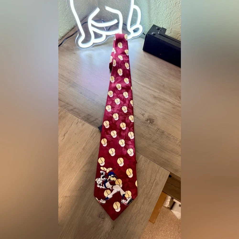 Disney Red Tie with Goofy and Baseballs